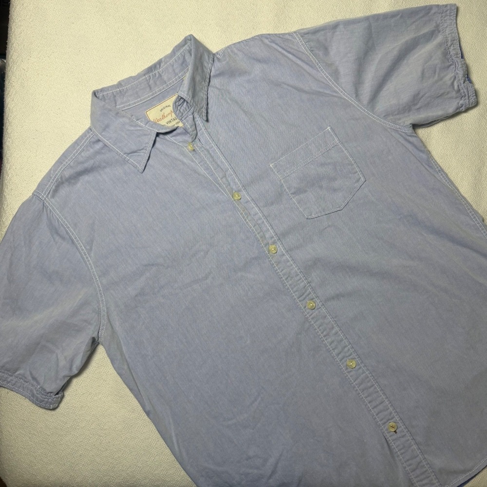 Weatherproof Vintage Mens Large Blue Short Sleeve Button Down Cotton Shirt